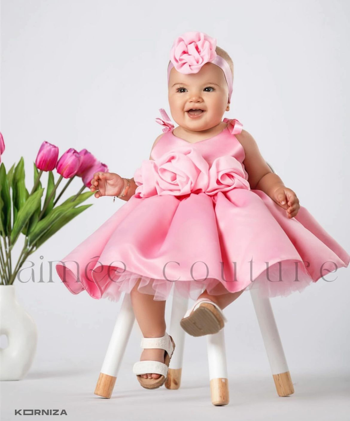 open lace back dress Sunnypetal Whimsical Pink Floral Sequin Puff Sleeve Knee-Length Princess  Tutu Dress main image 1